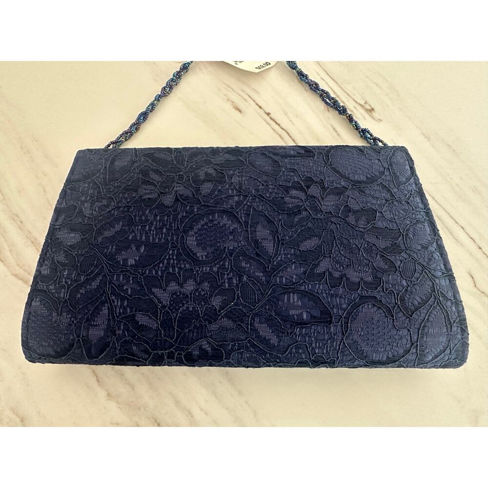 Adrianna Papell Seta Elegant Midnight Navy Lace Beaded Strap Evening Clutch NWT - Picture 11 of 11